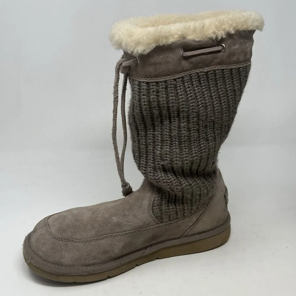 UGG Suburb Shearling Knitted Boots Womens 8 Sand Brown Suede Leather Mid Calf